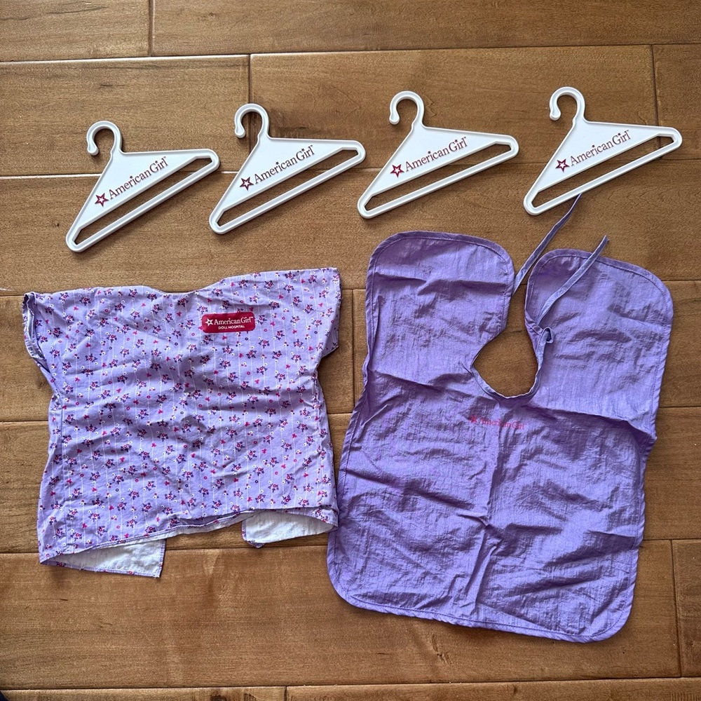 American Girl Doll Purple Hospital Gown, Purple Hair Salon Cape, White Hangers